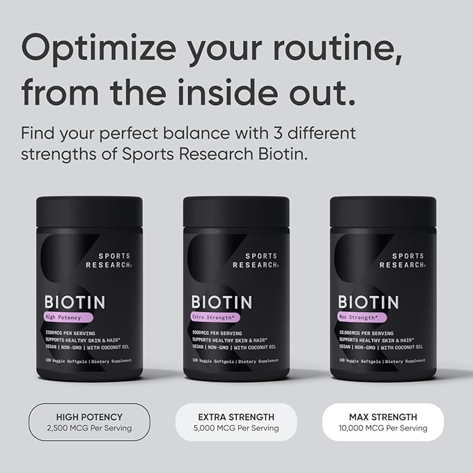 Sports Research® Biotin 10,000mcg with Organic Coconut Oil - Biotin (Vitamin B7) for Healthy Skin and Hair Support* - for Women and Men - Vegan, Non-GMO, Gluten & Soy-Free - 30 Veggie Softgels