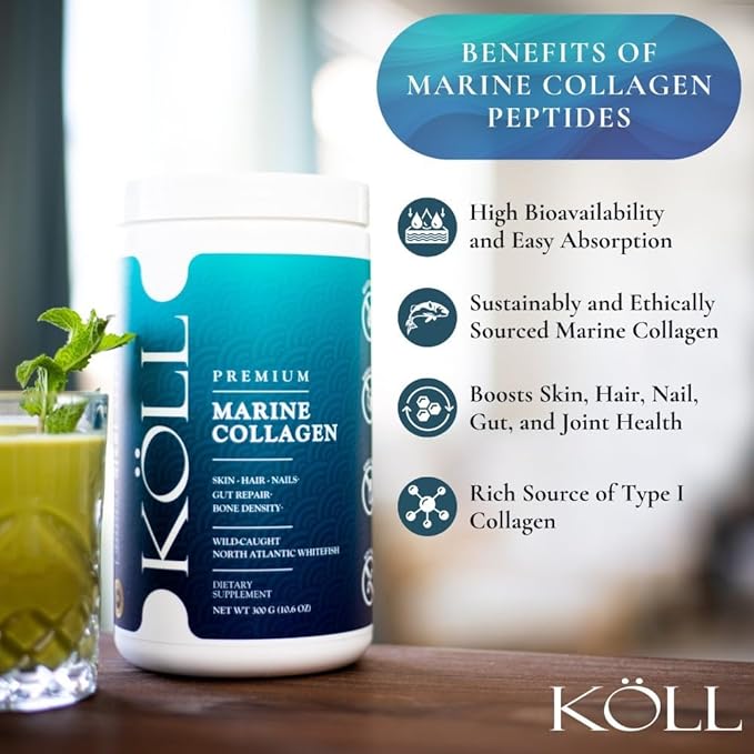 KÖLL Marine Collagen Peptides Powder, Unflavored & Sugar-Free | 10,000mg Hydrolyzed Collagen Supplements | Wild-Caught Sourced, Non-GMO & Zero Preservatives Type 1 Collagen for Bone & Skin Health