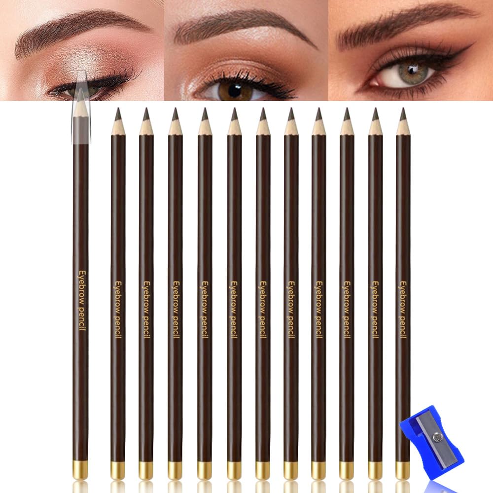 12Pcs Long Eyebrow Pencils Set - Brown Natural Look, for Eyebrows & Eyeliner, Waterproof & Sweat-Proof Wooden Hard-Core Brow Pencil with Sharpener, Long Lasting Makeup Kit for Beginners 103#