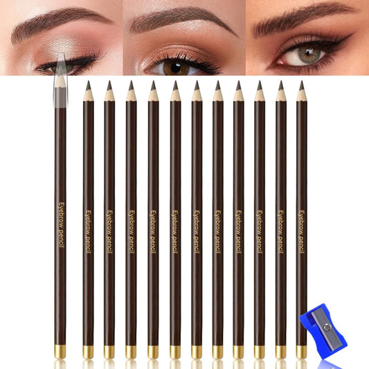 12Pcs Long Eyebrow Pencils Set - Brown Natural Look, for Eyebrows & Eyeliner, Waterproof & Sweat-Proof Wooden Hard-Core Brow Pencil with Sharpener, Long Lasting Makeup Kit for Beginners 103#