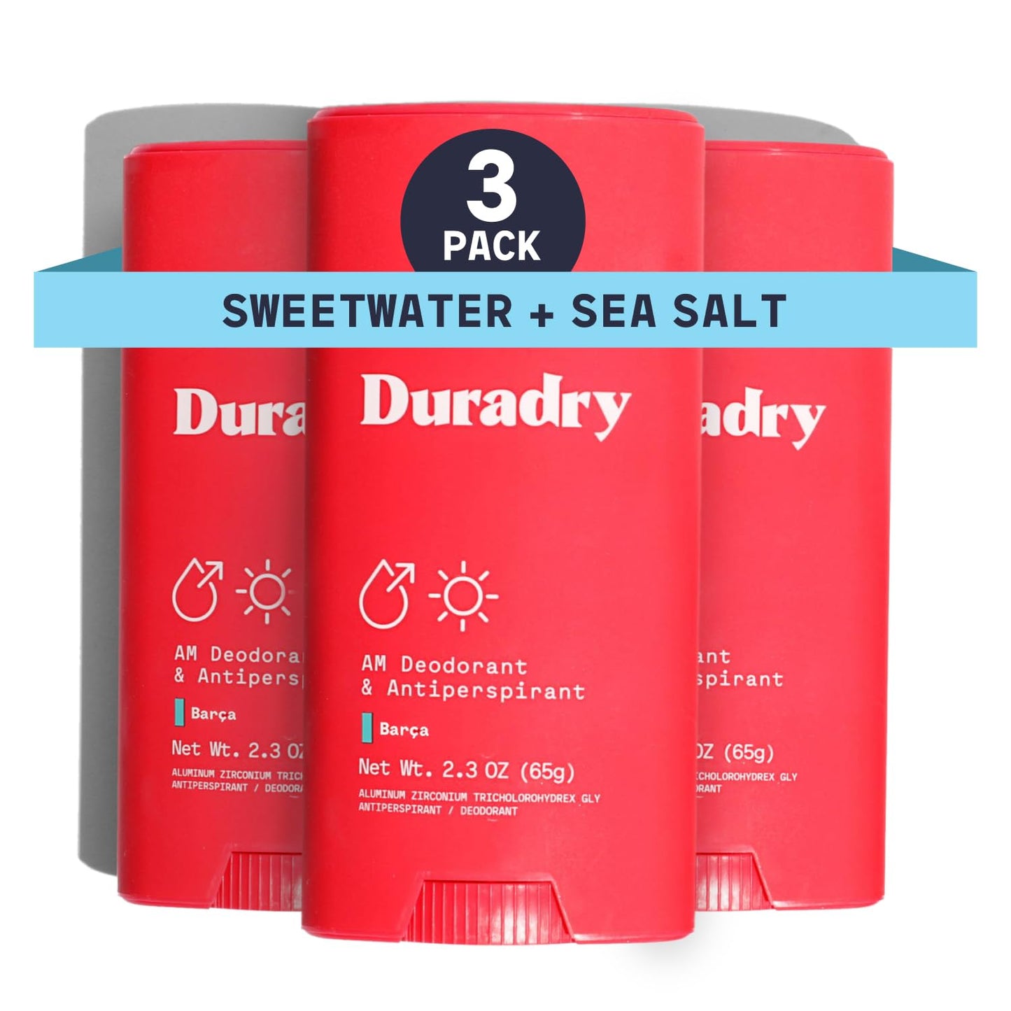 Duradry Clinical-Strength Antiperspirant Deodorant for Women and Men - Clean formula with Natural Ingredients, Odor, and Excessive Sweat protection for Armpits - Barca (Sweetwater+sea salt),3-pack