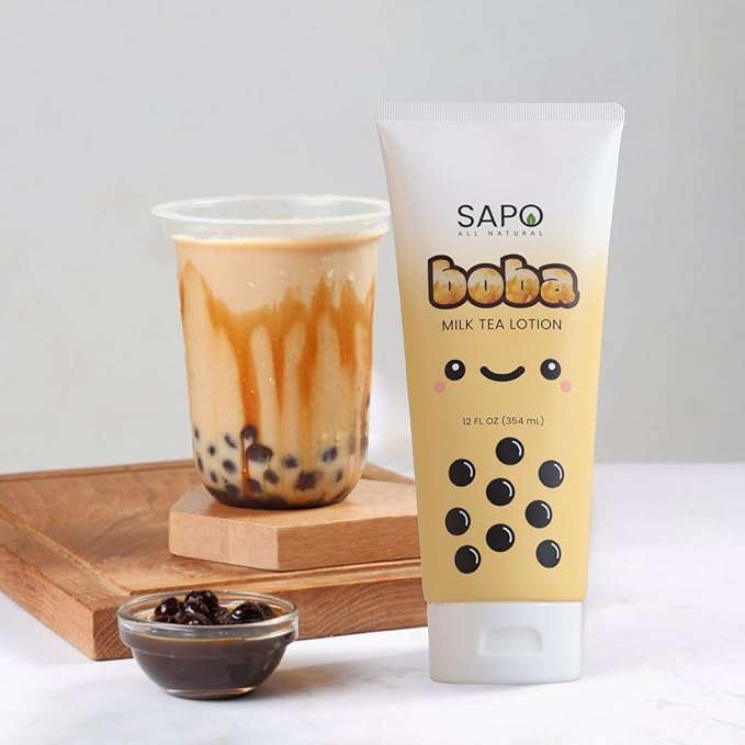 Boba Lotion with Aloe & Vitamin E - Gentle, Hydrating & Moisturizing For Hands, Body, Face & Kids - Caramel Milk Tea Scent, 12 Fl Oz