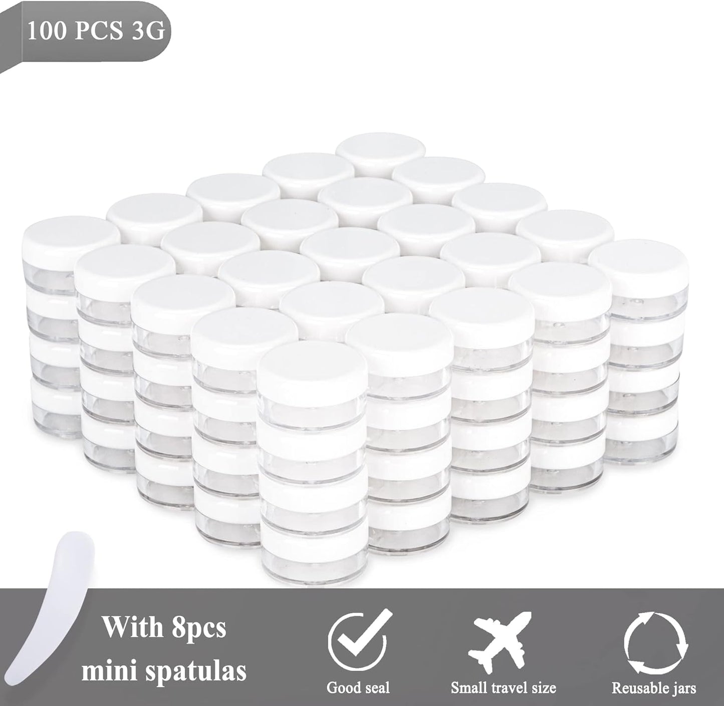 100PCS 3 Gram Sample Containers, 3ml Empty Jars with Lids, Small Cosmetic Containers, Mini Sample Jars with 8PCS Mini Spatulas for Make Up, Oils, Lotion, Powder, Paint, Jewelry, Lip Balms(White Lid)