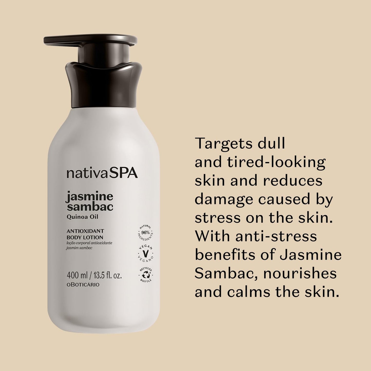 Nativa SPA by O Boticario Jasmin Sambac Anti-Stress Body Lotion, Fragranced Moisturizer Enriched with Purified Quinoa Drops to Boost Hydration, 13.5 Ounce (400ml)