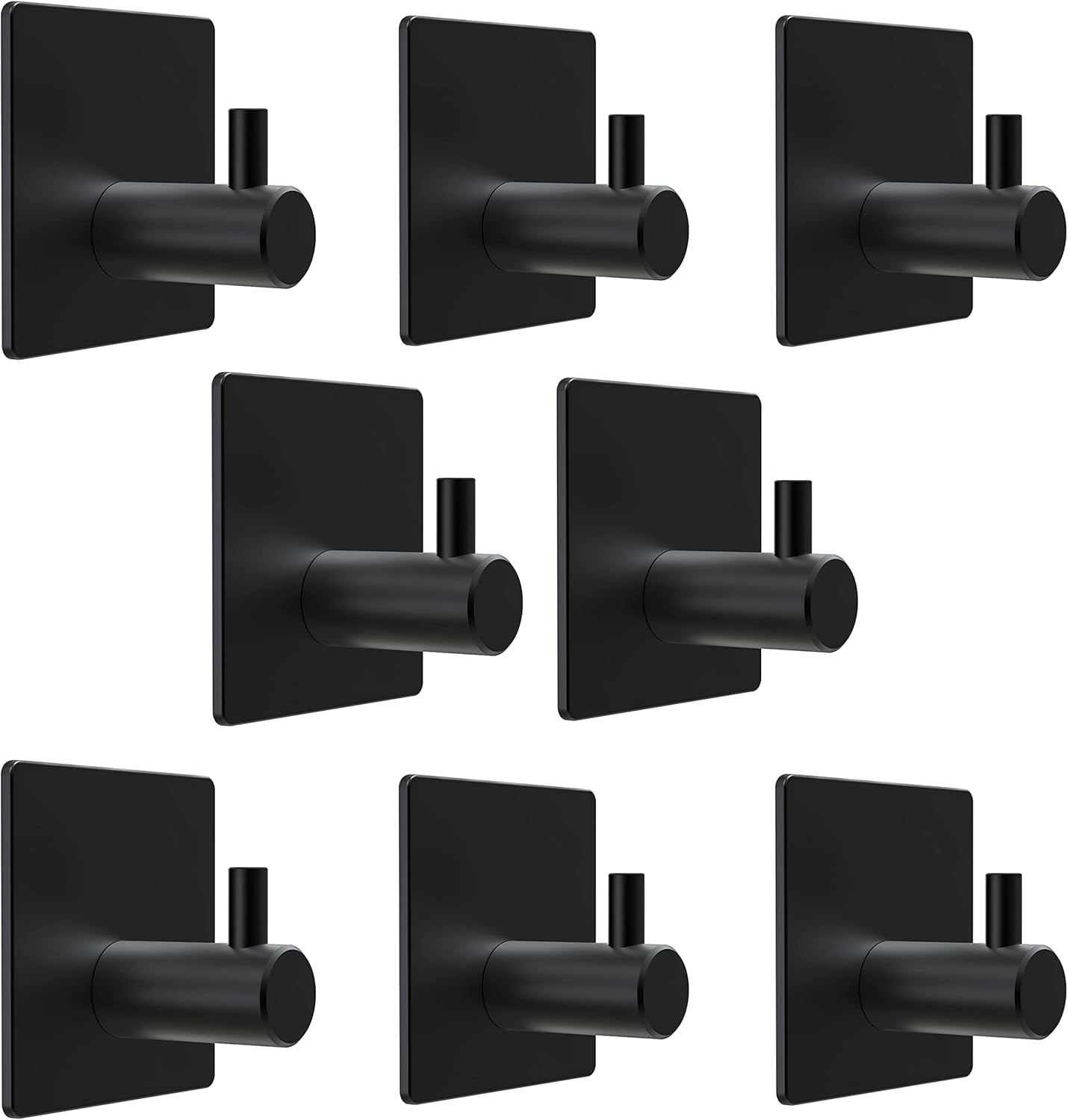 Matte Black Self Adhesive Towel Hooks for Bathroom Wall Door Mounted - SUS304 Stainless Steel Strong Strips Stick on 3M Wall Hooks for Hanging Coat, Hat, Bag, Key, Jacket – 8 Pack
