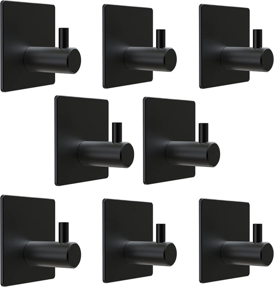 Matte Black Self Adhesive Towel Hooks for Bathroom Wall Door Mounted - SUS304 Stainless Steel Strong Strips Stick on 3M Wall Hooks for Hanging Coat, Hat, Bag, Key, Jacket – 8 Pack