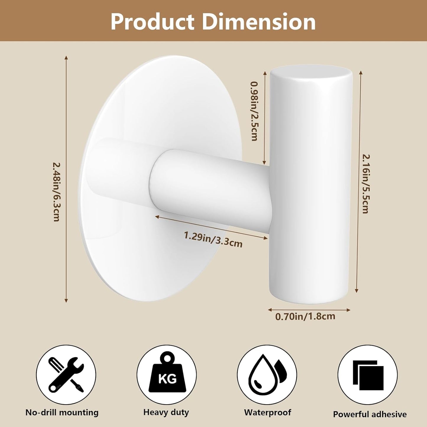 Heavy Duty White Towel Hooks, Stainless Steel Adhesive Coat Hooks for Bags, Towels, Robes, Hats, Aprons – No Drill Bathroom, Kitchen, Hotel Wall Hooks (2 Pack)