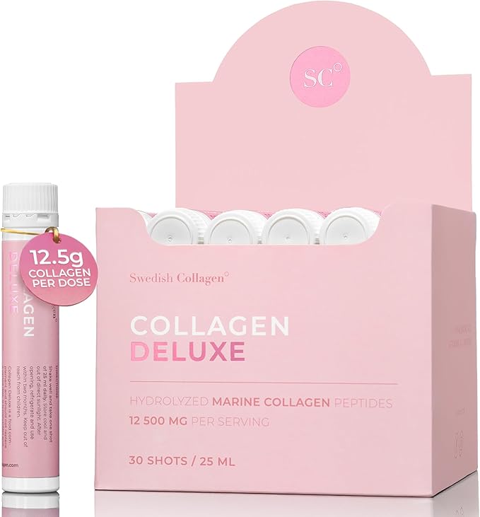 Swedish Collagen Deluxe | 12,500 mg Hydrolyzed Marine Collagen Liquid Supplement - 30 x 25 ml Daily Shots | Hyaluronic Acid, Biotin and Vitamin C for Healthy Hair, Skin, Nails and Joints | Sugar-Free