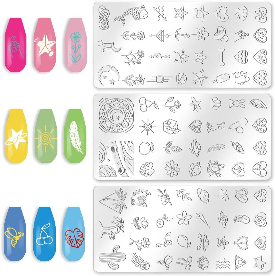 3Pcs Stars Planets Nail Stamping Plate Set Moon Flowers Heart Nail Stamp Templates Metal Reusable Tools with Stamper Scraper for Manicure Printing