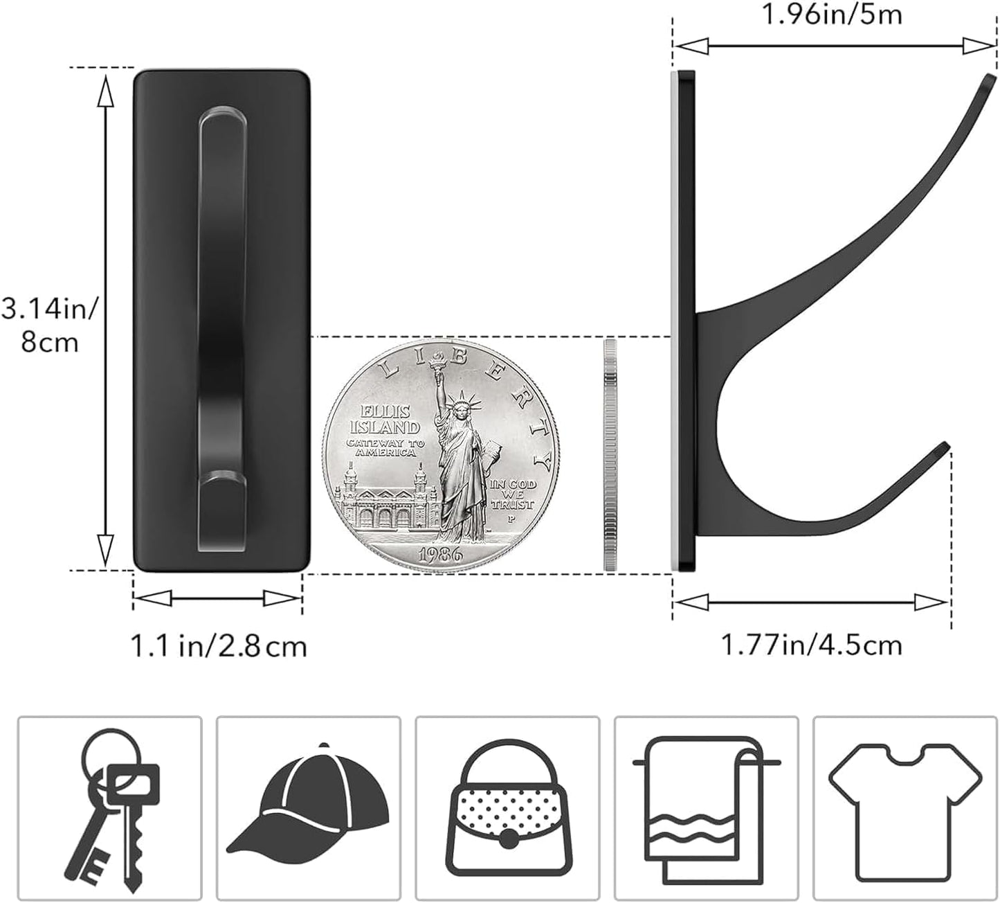 pickpiff Self Adhesive Coat Hooks for Hanging: Heavy Duty Stainless Wall Hook for Towel, Backpack, Hat, Sturdy Metal Hanger for Bathroom, Bedroom, Door, 4-Pack, Matt Black