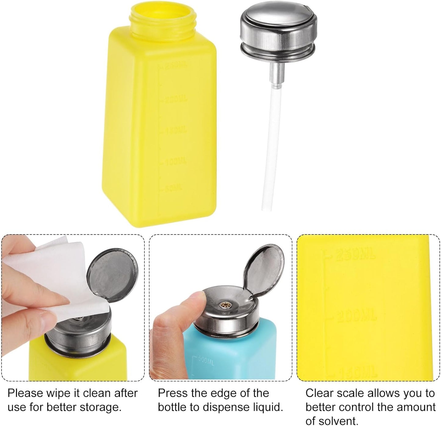 HARFINGTON 4PCS 250ML(8.5oz) Push Down Alcohol Dispenser Pump Liquid Press Empty Bottles Refillable Container for Acetone Cleanser Nail Polish Remover, Yellow