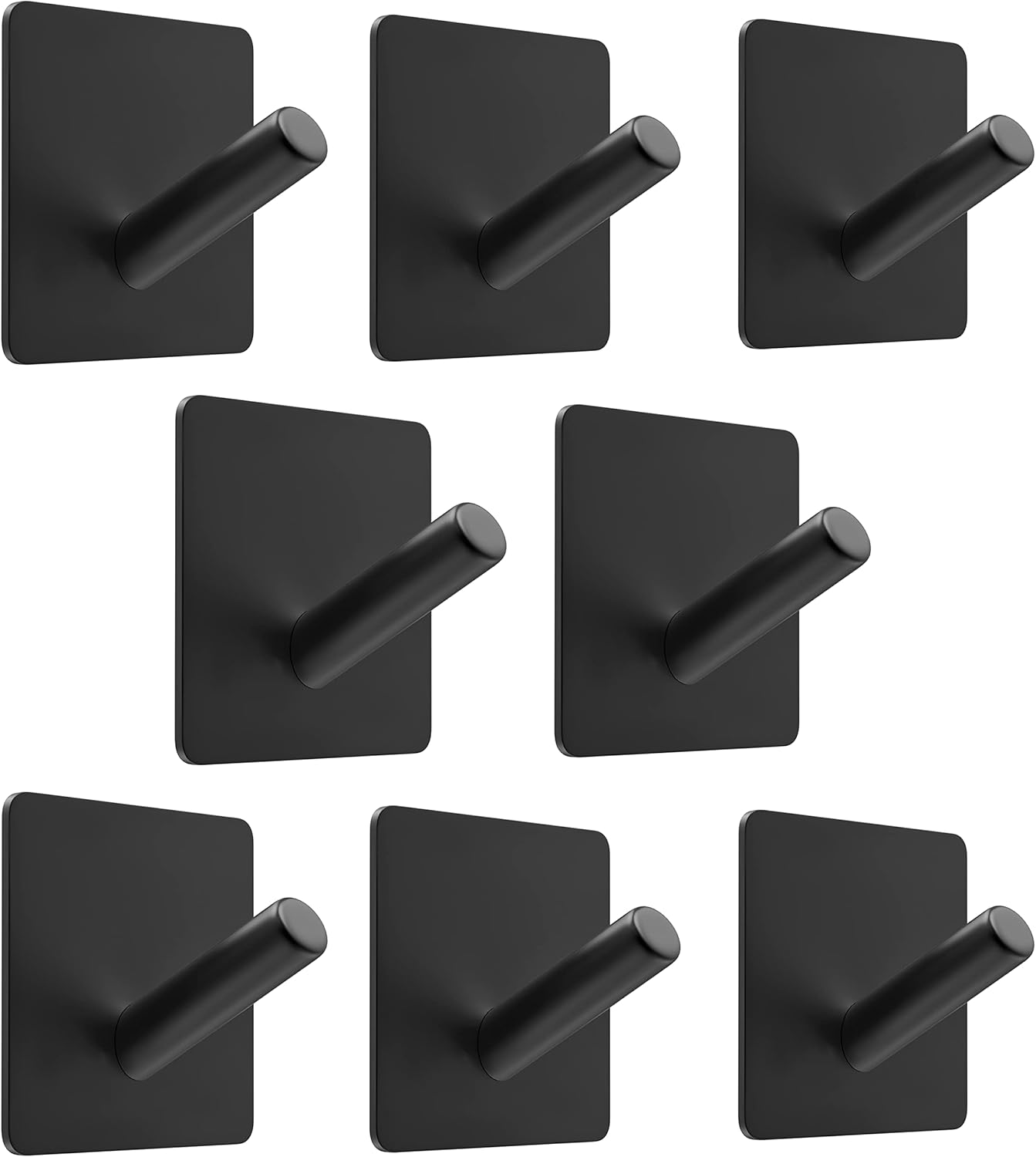 Matte Black Self Adhesive Towel Hooks for Bathroom Wall Door Mounted - SUS304 Stainless Steel Strong Strips Stick on 3M Wall Hooks for Hanging Coat, Hat, Bag, Key, Jacket – 8 Pack
