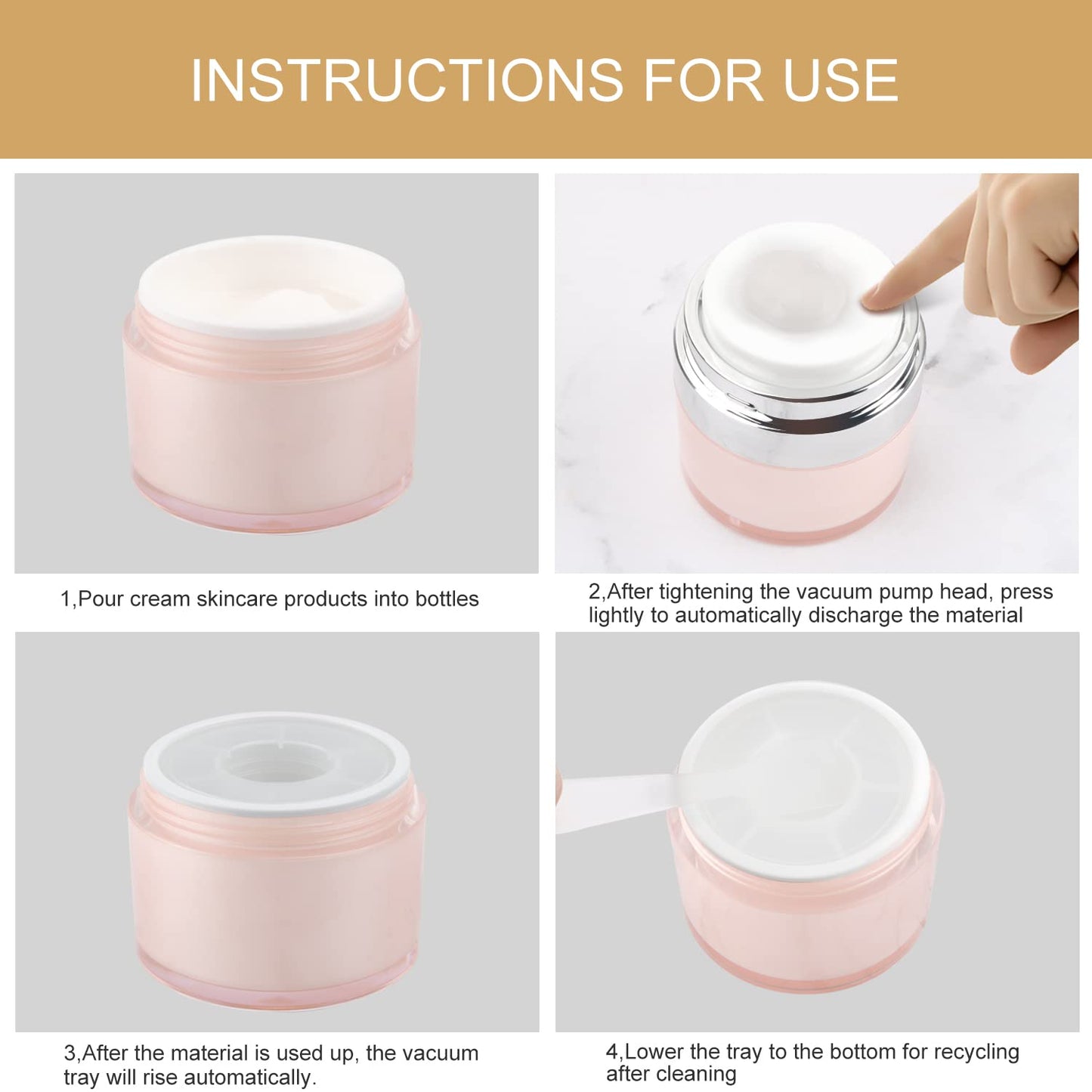 0.5 oz/15 ml Airless Pump Jar,Empty Acrylic Vacuum Jar with Press Pump,Portable Travel Face Cream Lotion Sample Cosmetic Container Pot for Makeup,Essence,Moisturizer,Eye Cream-4 Pack,Pink