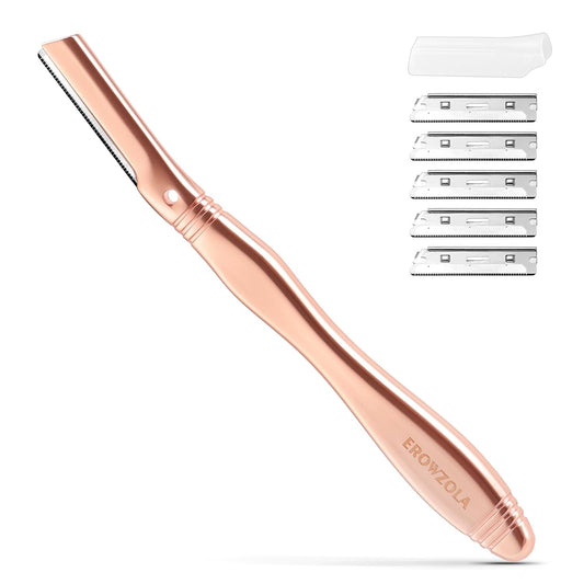 Eyebrow Razor for Women and Men, Face Razors for Women, Dermaplane Razor with Protective Silicone Cover, Reusable Metal Handle with 6 Refill Blades, Skin Care Tool - Rose Gold