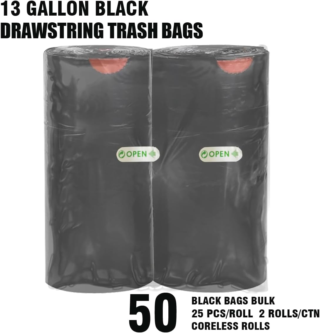 13 Gallon Trash Bags Drawstring, 50 Count Bulk, Black & Unscented Garbage Bags, Multi-purpose Tall Kitchen Trash Bags Can Liners for Business Home Commercial and Industrial