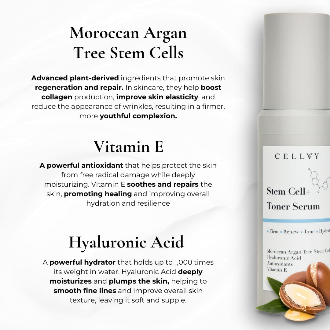 Korean Stem Cell + Toner Serum w/Moroccan Argan Tree Stem Cells, Hyaluronic Acid & Antioxidants, Firming, Hydrating, Anti-Aging, Boosts Collagen Production, Cooling w/Aloe Vera