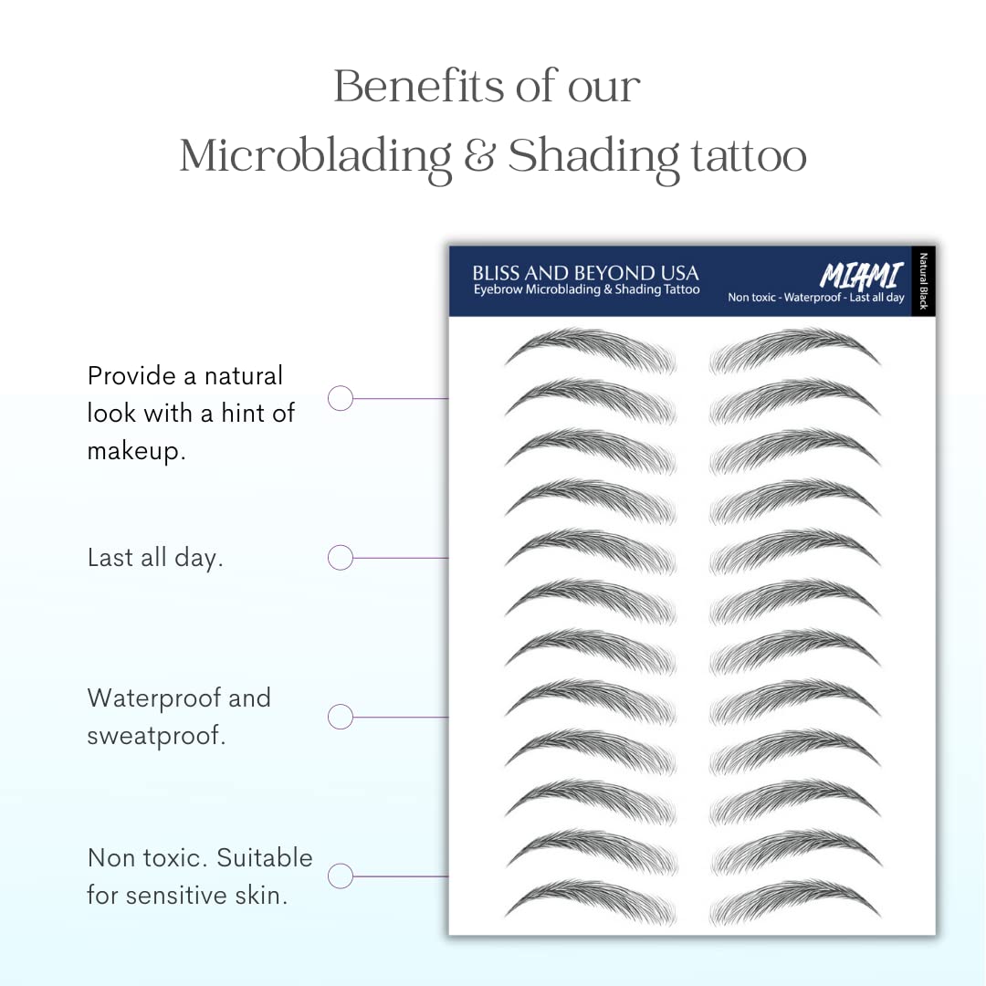 Bliss and Beyond USA, 2 sheets eyebrow tattoo waterproof sticker, Long Lasting, Natural Looking Fake Eyebrow for Alopecia, Chemo, Cancer gift. Same Size eyebrow tattoos (Natural Miami, Black)