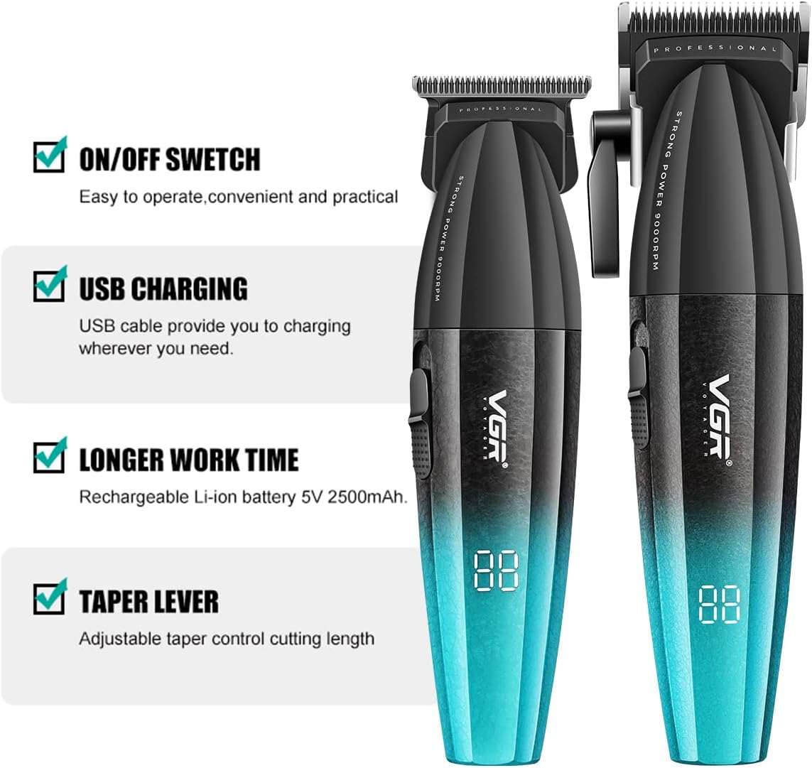 VGR 640S2 Professional Hair Clippers for Men, 9000RPM Cordless Barber Clippers and Trimmers Set, Zero Gap T-Blade Hair Cutting Kit, DLC Coated Ceramic Blade Barber Kit with LED Display(Green)