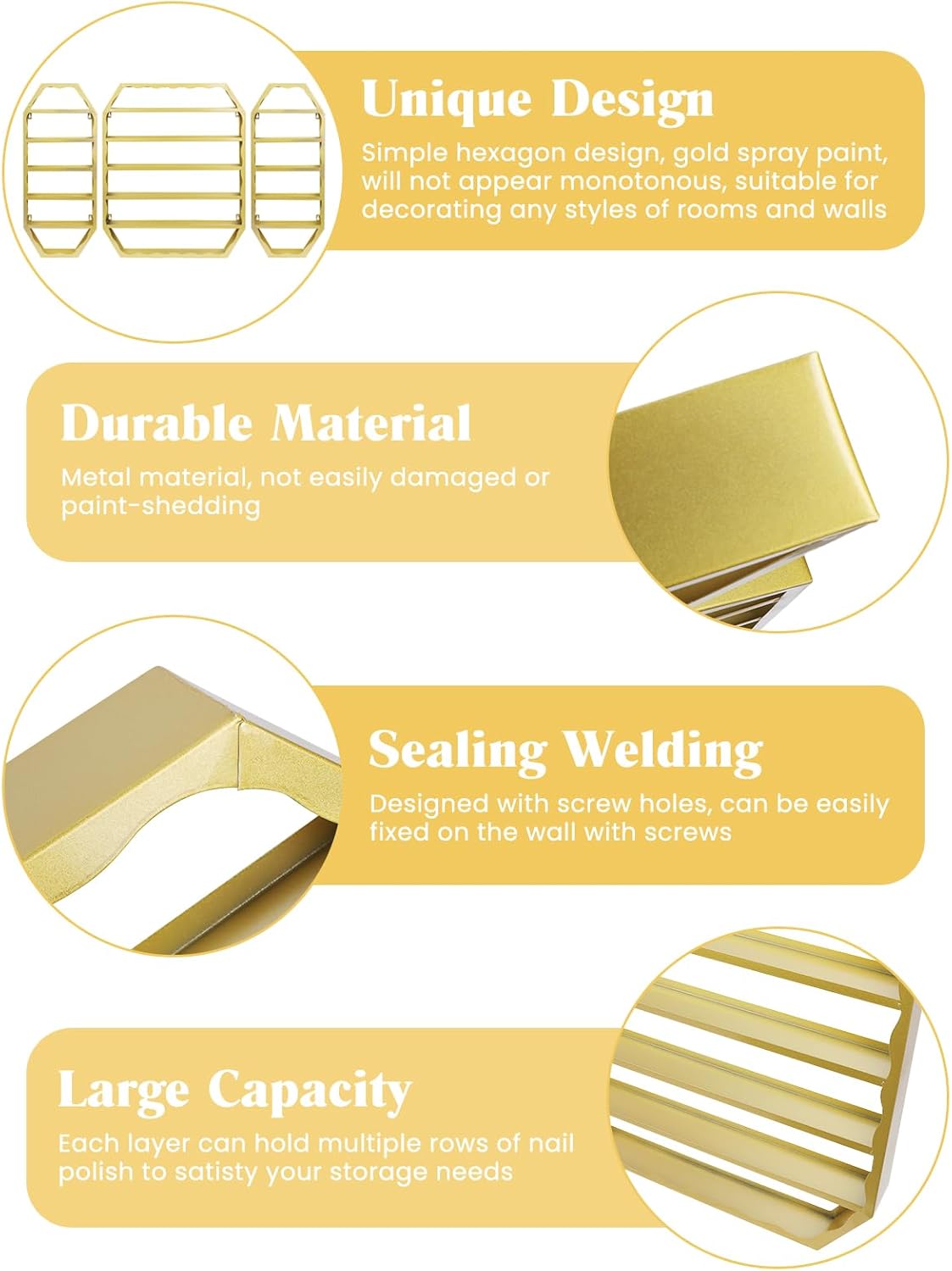 EBANKU Hexagon Nail Polish Racks Heavy Duty Nail Shelfs for Wall Gold Nail Polish Display Rack Cosmetic Display Cases Nail Bottles Organizer Wall Shelf for Home Spa Nail Salon