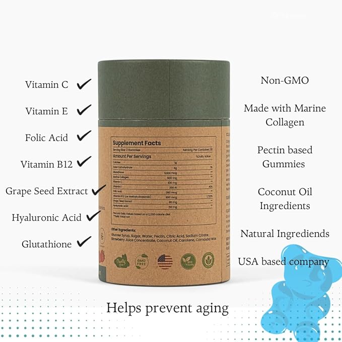 Marine Collagen Gummies 500mg + Hyaluronic Acid + Grapeseed + Vitamin C, B12, E (Vegetarian Collagen)