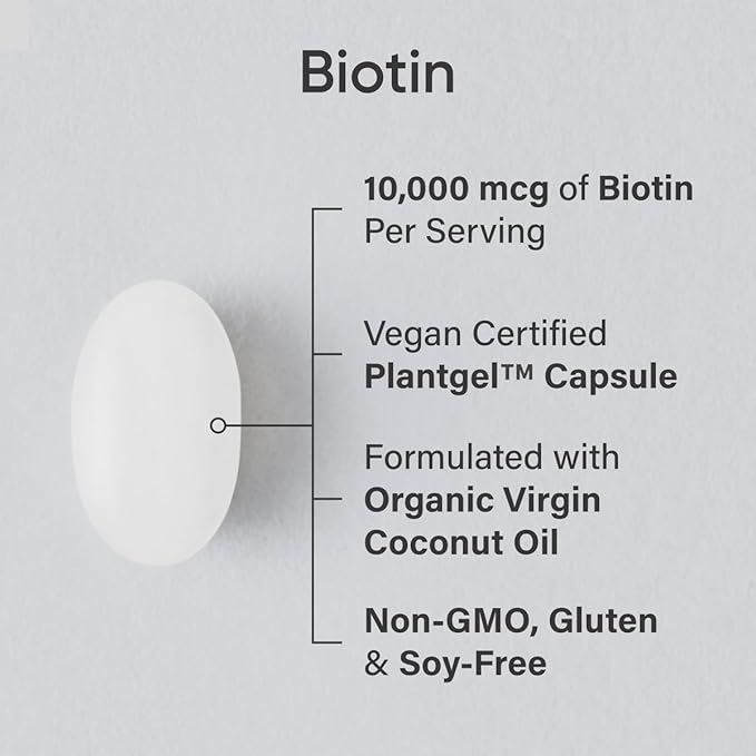 Sports Research® Biotin 10,000mcg with Organic Coconut Oil - Biotin (Vitamin B7) for Healthy Skin and Hair Support* - for Women and Men - Vegan, Non-GMO, Gluten & Soy-Free - 120 Veggie Softgels