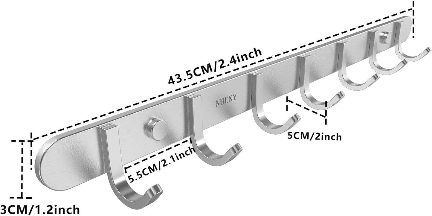 Coat Hook Hanger Wall Mounted 17-Inch Towel Hook Rack with 7 Hooks, Easy Installation Rail for Bedroom, Bathroom, Foyer, Hallway, Office, Rust and Water Proof (Stainless Steel Brushed Nickel)
