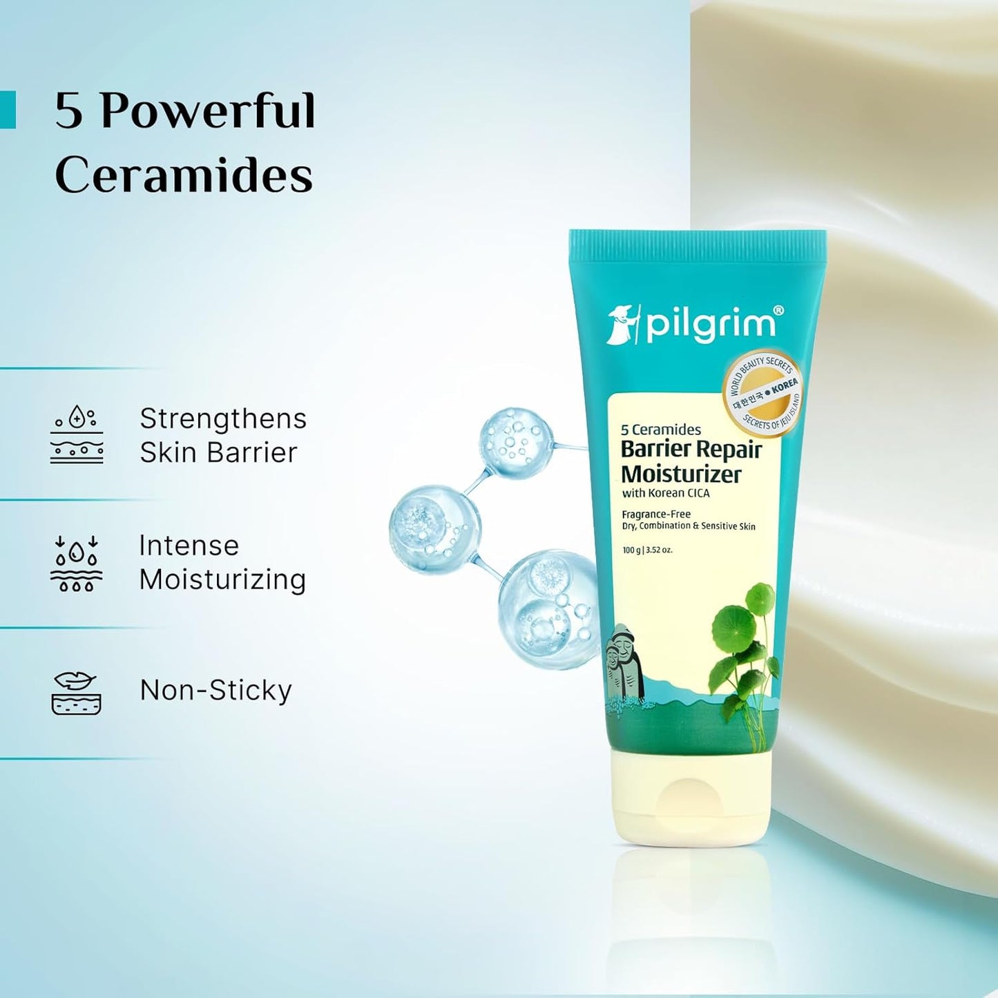 Pilgrim Korean Cica Moisturizer with 5 Ceramides & 2% Niacinamide Glow Gel Sunscreen SPF 50 PA+++ | Hydration, Barrier Strength & Bright Glow | Lightweight & Non-Sticky