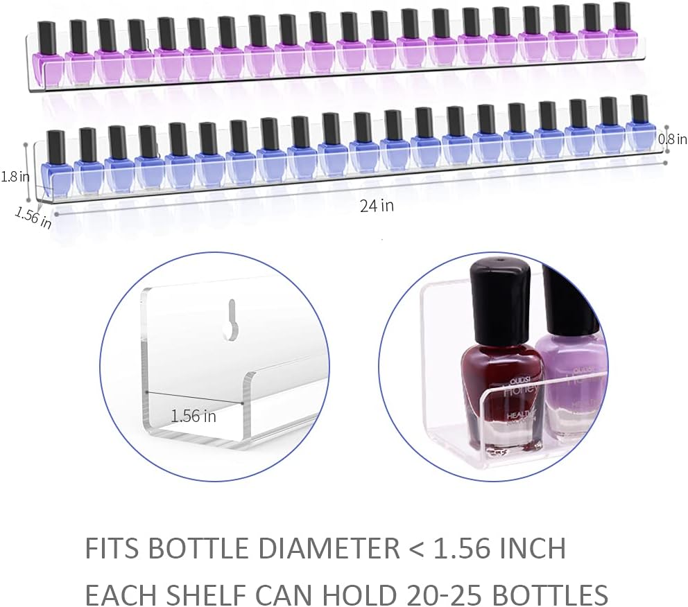 Clear Nail Polish Organizer Wall Mounted, 24 Inches Acrylic Shelf for 150 Bottles, 6 Pack