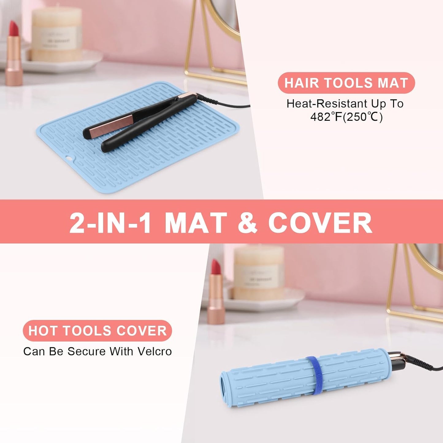 Oversize Silicone Heat Resistant Mat for Curling Irons, Flat Irons, Hair Straighteners and Hot Hair Styling Tools, Portable Hot Tools Sleeve Pad for Travel Vanity Salon(14.2" x 11.0")