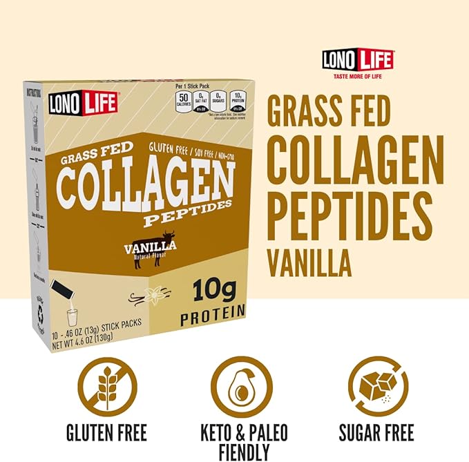 LonoLife - Vanilla Flavored Collagen Peptides with 10g Protein, Paleo and Keto Friendly, Portable Individual Packets, 10 Servings, 10 Count - Packaging May Vary