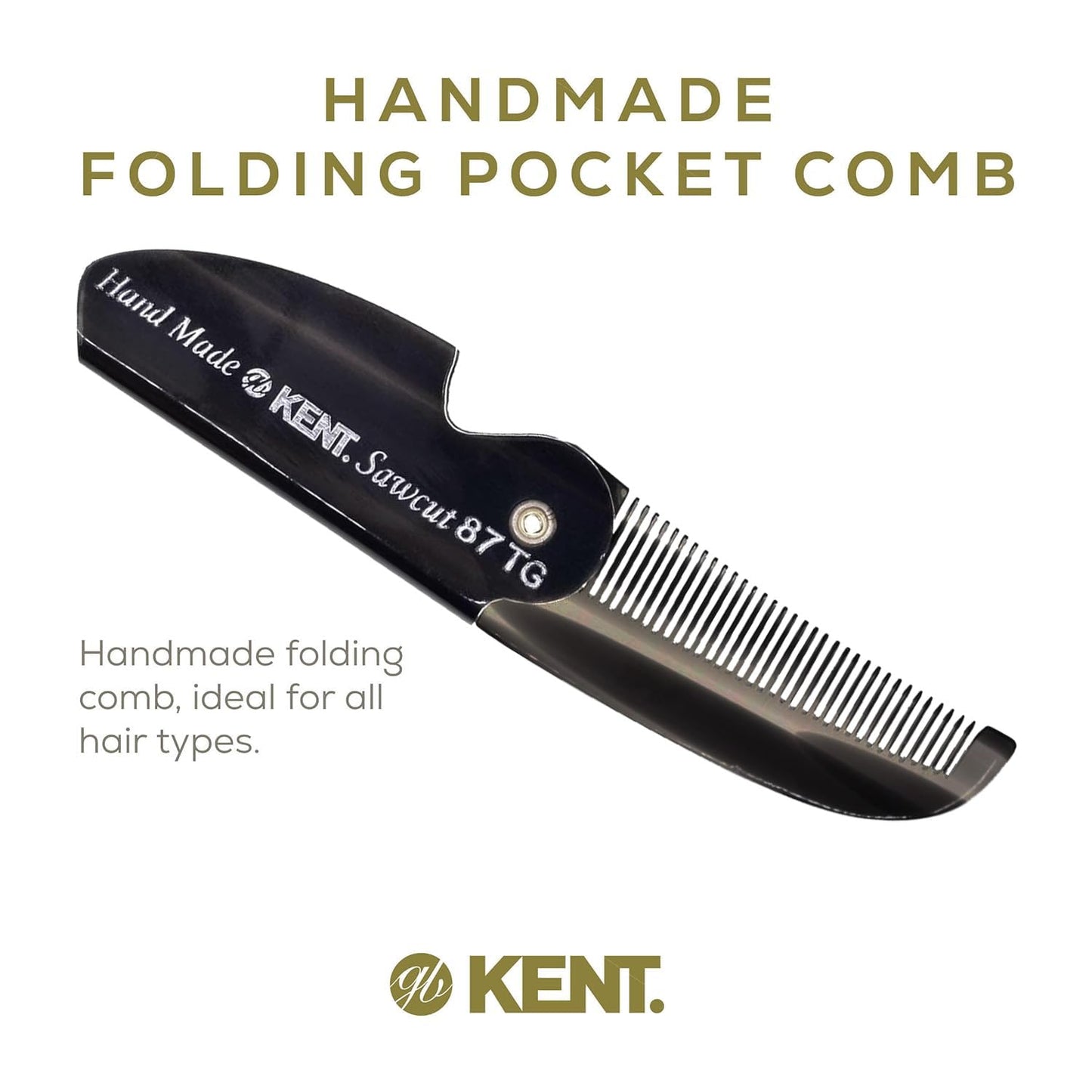 Kent 87T Black Graphite Handmade Folding Pocket Comb for Men, Fine Tooth Hair Comb Straightener for Everyday Grooming Styling Hair, Beard or Mustache, Saw Cut Hand Polished, Made in England (3 Pack)