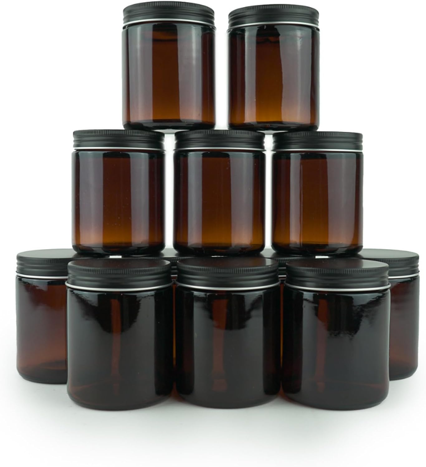 Glass Amber 8oz Jar - 12 Packs, Empty Round Jars For Beauty Products, Lotion, and Powders - Black Lid - Small Candle Jars