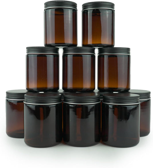 Glass Amber 8oz Jar - 12 Packs, Empty Round Jars For Beauty Products, Lotion, and Powders - Black Lid - Small Candle Jars