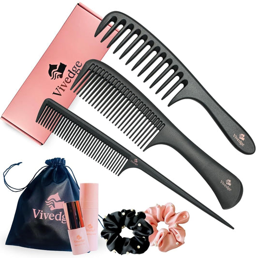 VIVEDGE| Curly Hair Comb Set | Carbon Fiber Detangler Wide Tooth Parting Combs anti static frizz-free with Premium Acccessories for Styling | Gift set for loved ones (Black-Pink)