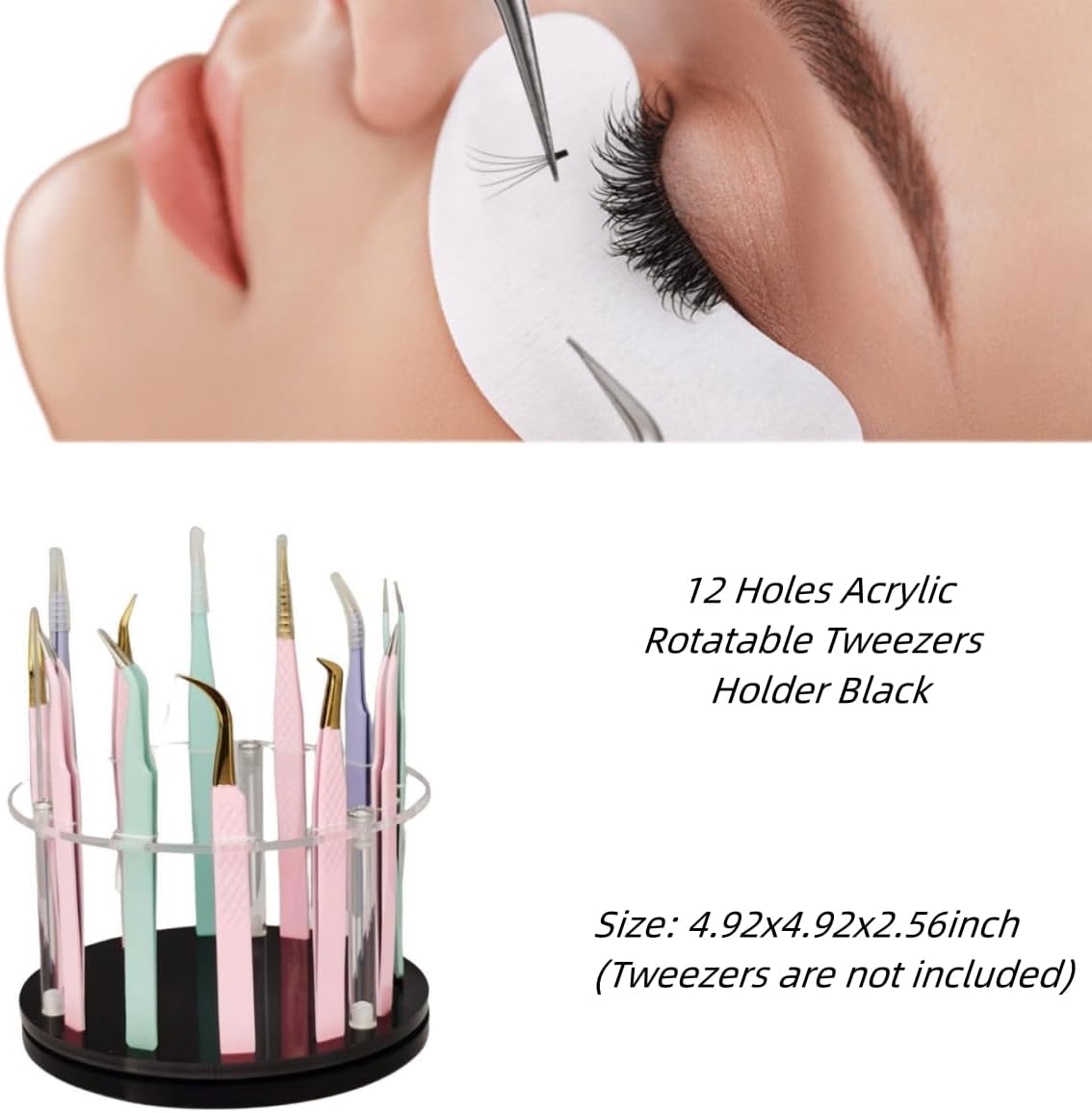 12 Holes Acrylic Rotatable Tweezers Holder, Eyelash Makeup Grafting Tweezer Display Stand Extensions Organizer Training Rack Beauty Tools (Black)