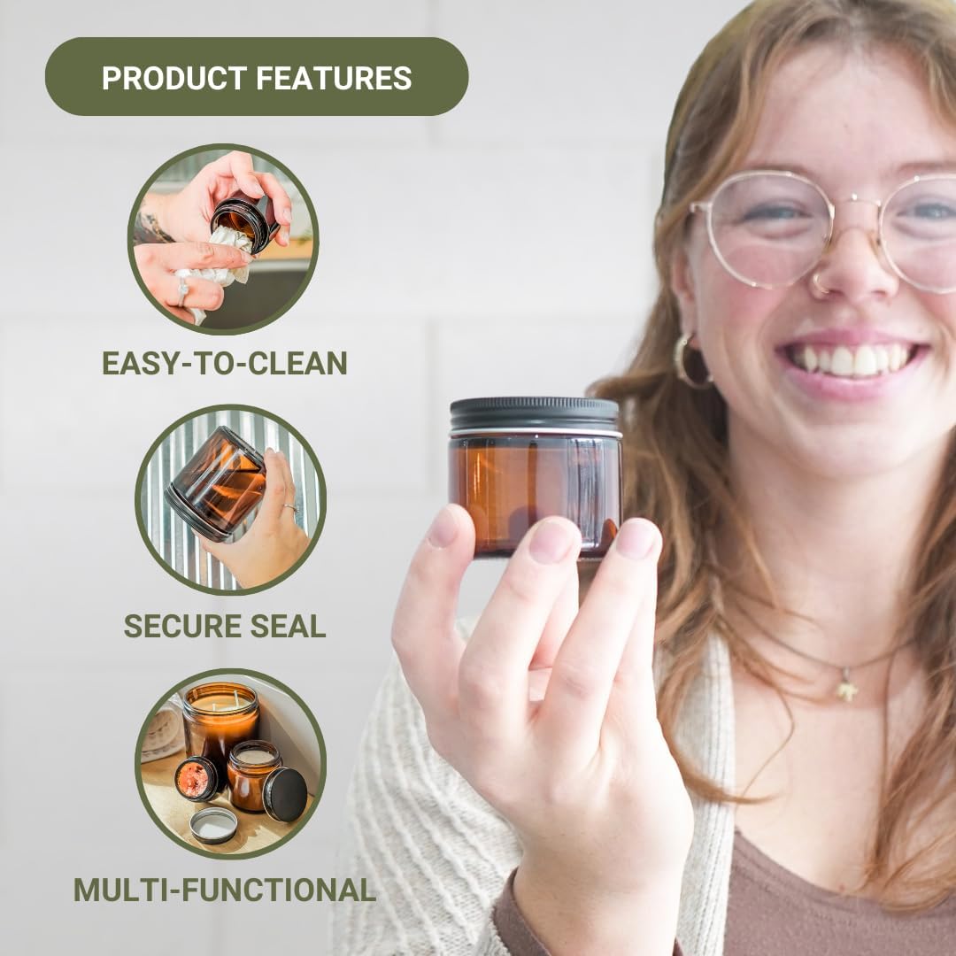 Glass Amber 2oz Jar - 12 Packs, Empty Round Jars For Beauty Products, Lotion, and Powders - Black Lid - Small Candle Jars