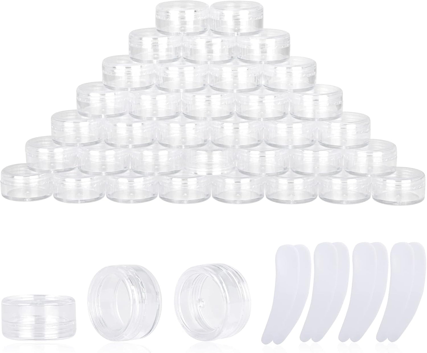 100PCS 3 Gram Sample Containers, 3ml Empty Jars with Lids, Small Cosmetic Containers, Mini Sample Jars with 8PCS Mini Spatulas for Make Up, Oils, Lotion, Powder, Paint, Jewelry, Lip Balms(Clear Lid)