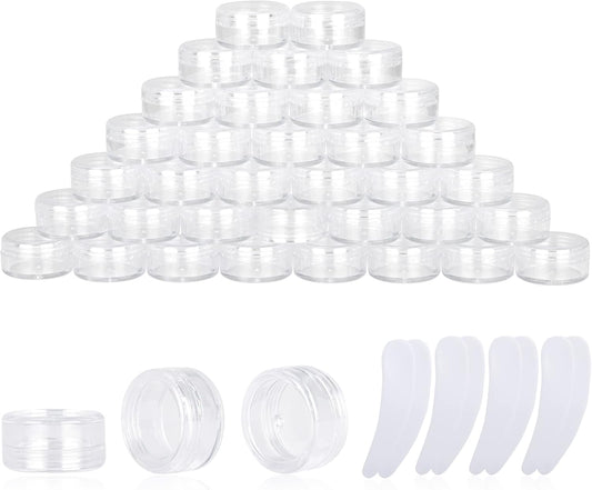 100PCS 3 Gram Sample Containers, 3ml Empty Jars with Lids, Small Cosmetic Containers, Mini Sample Jars with 8PCS Mini Spatulas for Make Up, Oils, Lotion, Powder, Paint, Jewelry, Lip Balms(Clear Lid)