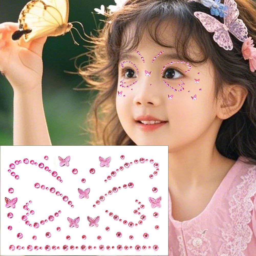 Crystal Butterfly Face Gems Pink Face Jewels Fake Butterfly Gems Tattoo Stick on Eye for Men Women Kids Halloween Prank Makeup Costume，2-Pack