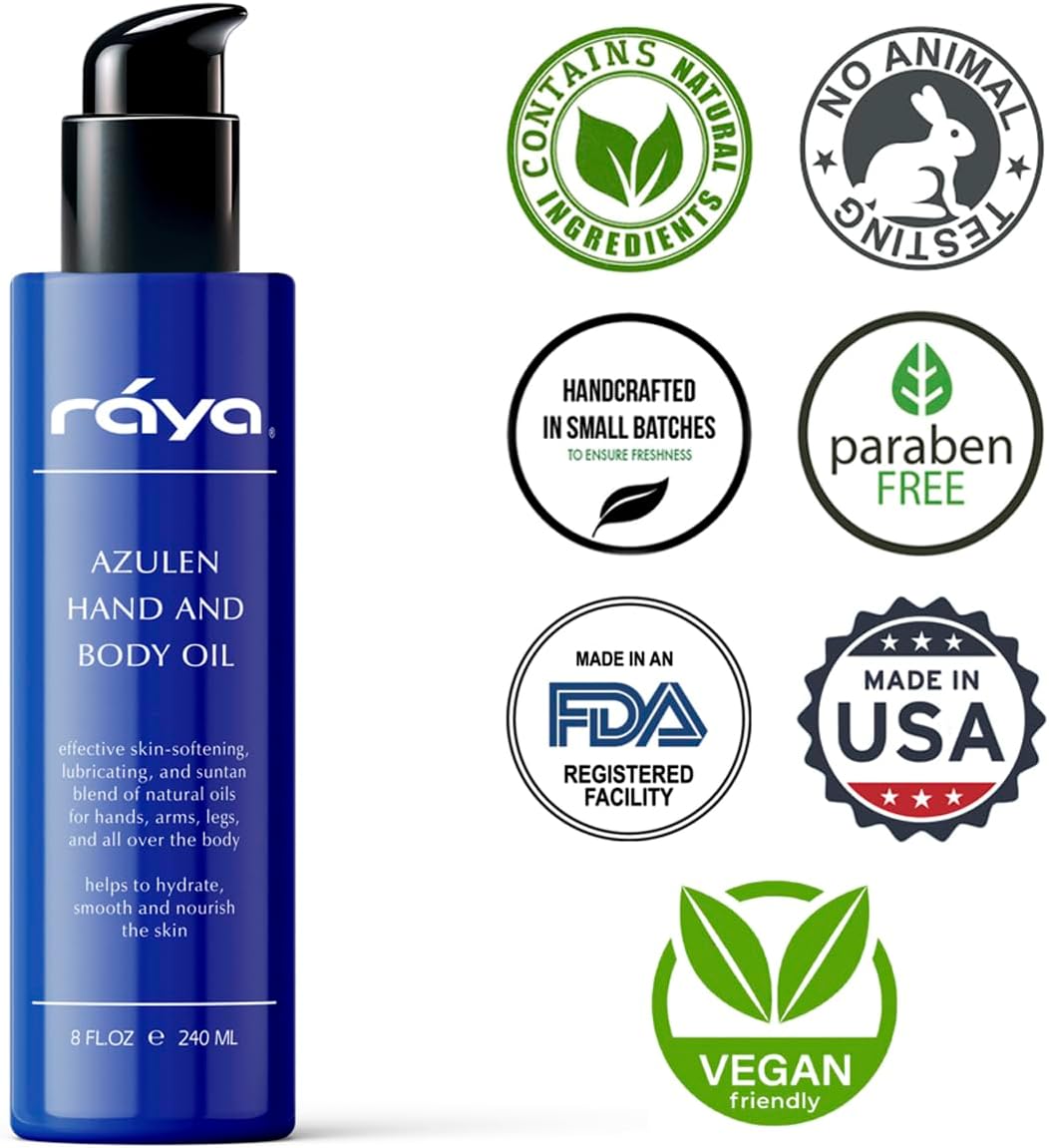 RAYA Azulen Hand and Body Oil 8 oz (451) | Softening and Natural Blend of Oils for Hands, Arms, Legs, and Body | Great as a Body Massage Oil | Great for All Skin