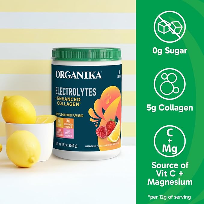 Organikа Electrolytes with Enhanced Collagen Powder for Women & Men - 360g - Zesty Lemon Berry-Flavored Effervescent Electrolyte & Collagen Drink Mix - Deep Hydration, Mobility, Skin, Hair, & Nails