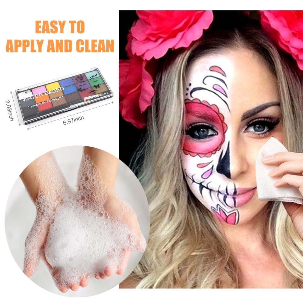 Face Paint Kit, Painting Palette with Brushes Body Paint Face Makeup Safe and Easy to Clean for Halloween Carnivals Cosplay Party Stage Performances (18 Colors + 10 Brushes)