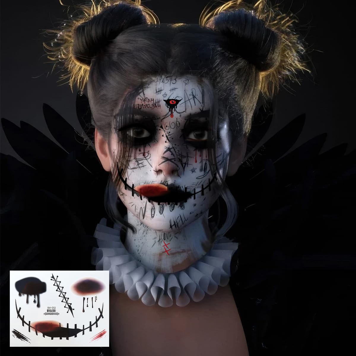 9 Sheets Halloween Scary Face Tattoos Stickers Fake Scars Stitches Bloody Mouth Prank Zombie Clown Makeup Temporary Tattoo Decals for Women Men Halloween Cosplay Party
