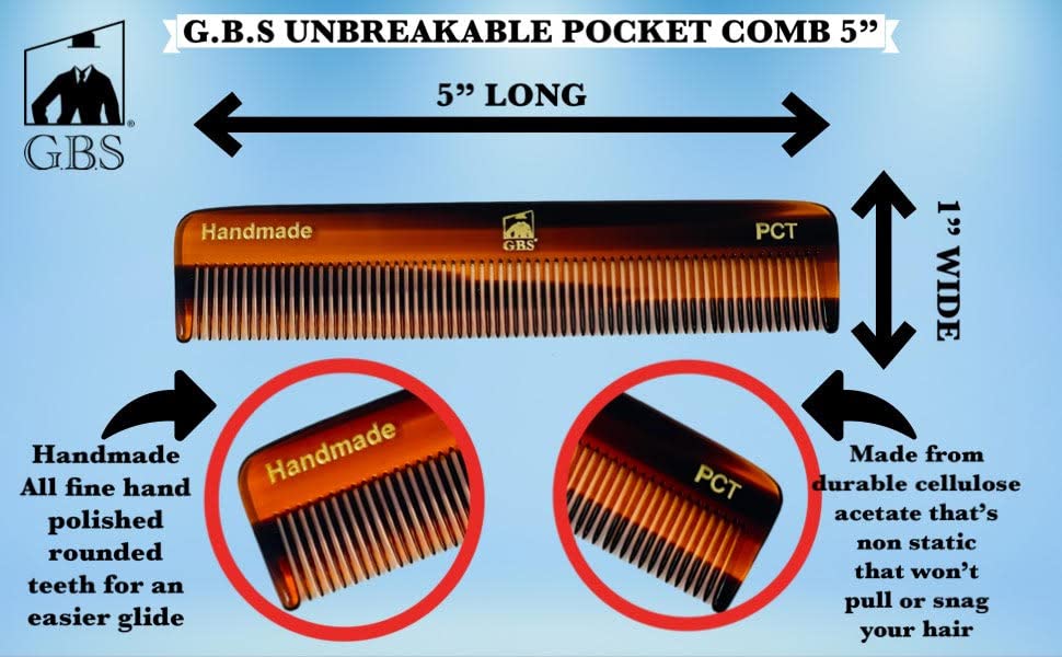 GENTS PCT 5-Inch Fine Tooth Pocket Hair Comb – 3-Pack Tortoise Shell Combs for Men & Women – Handmade from Cellulose Acetate – Anti-Static, Durable & Travel-Friendly for Grooming & Styling