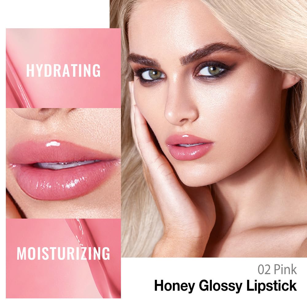 Pink Honey Lipstick Tinted Lip Balm - Shine Moisturizing Lipstick for Women, Natural Nourishing Hydrating Lip Color Gloss Stain for Dry Lips, Tint Sheer Lightweight Makeup, Vegan - 1Pc #02 Pink