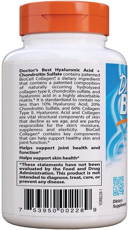 Doctor's Best Hyaluronic Acid with Chondroitin Sulfate, Featuring BioCell Collagen, Non-GMO, Gluten Free, Soy Free, Joint Support, 180 Count (Pack of 1)