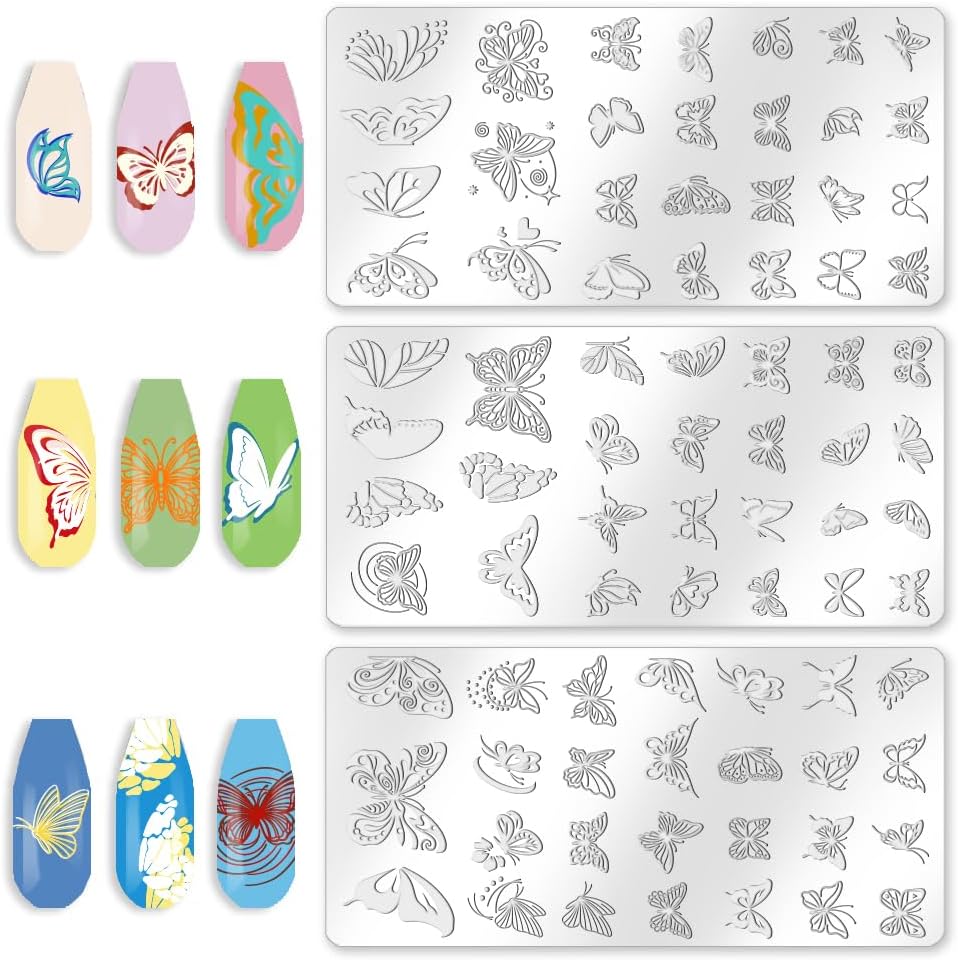 3Pcs Butterfly Nail Stamping Plate Set Cute Boho Butterflies Nail Stamp Templates Metal Reusable Tools with Stamper Scraper for Manicure Printing