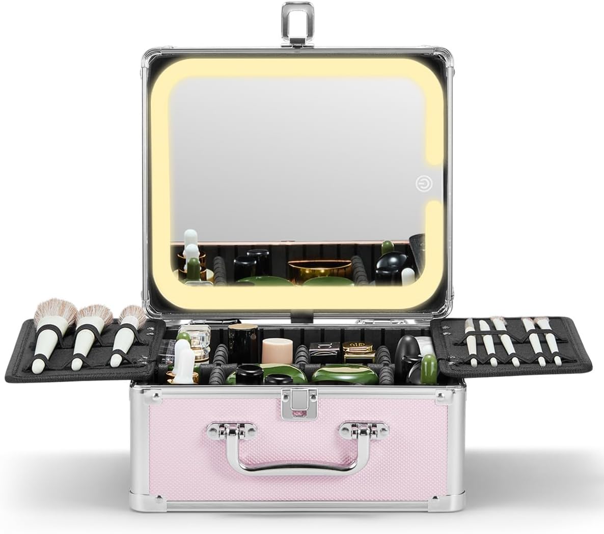 Qislee Makeup Box with A Detachable Lighted Mirror, Waterproof Travel Train Case, Cosmetic Organizer and Makeup Suitcase with Adjustable Dividers, Magnetic LED Mirror(Icy Pink)