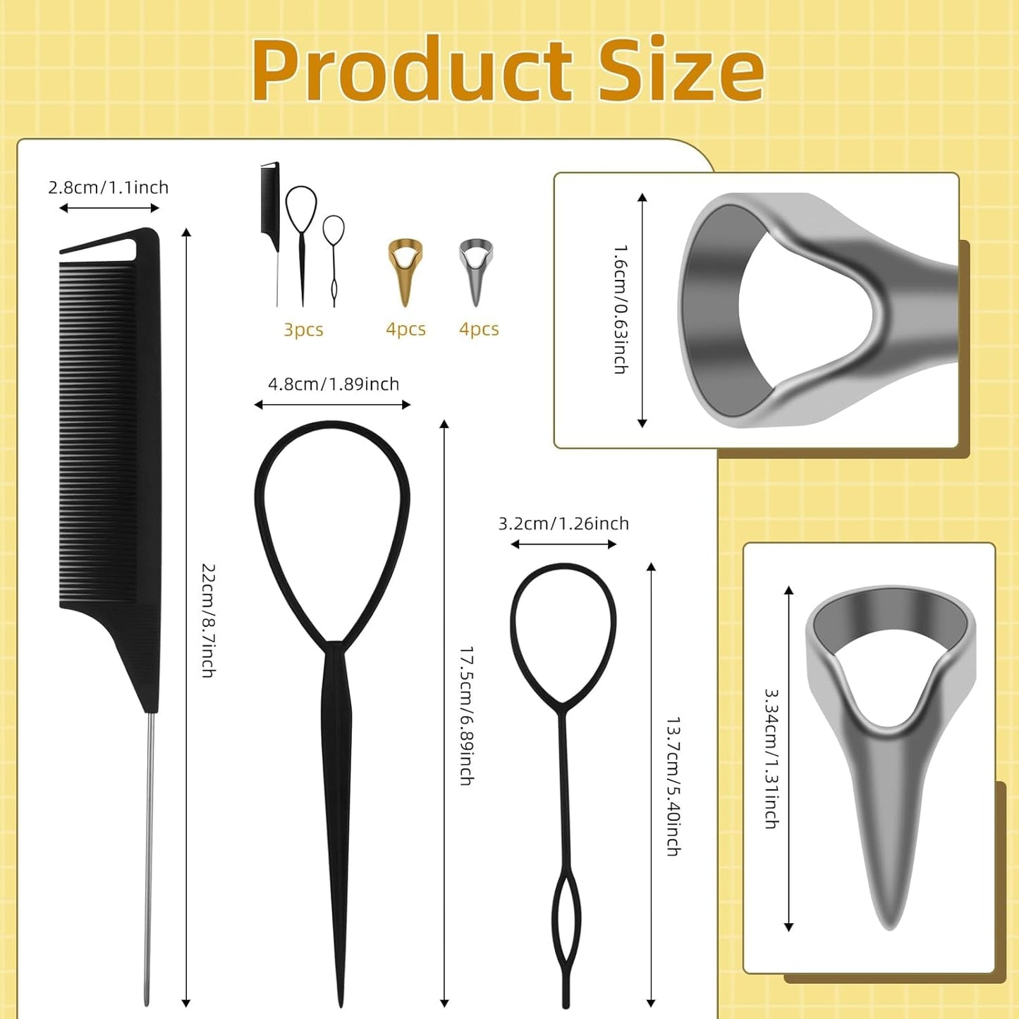 11PCS Hair Braiding Tools Ring Set with 8 Metal Pinky Hair Parting Rings/Braid Aid Finger Parting Tool, 1PCS Rat Tail Comb/Braiding Combs/ 2 Parting Tool Rings for Stitch Braiding Finger Tool