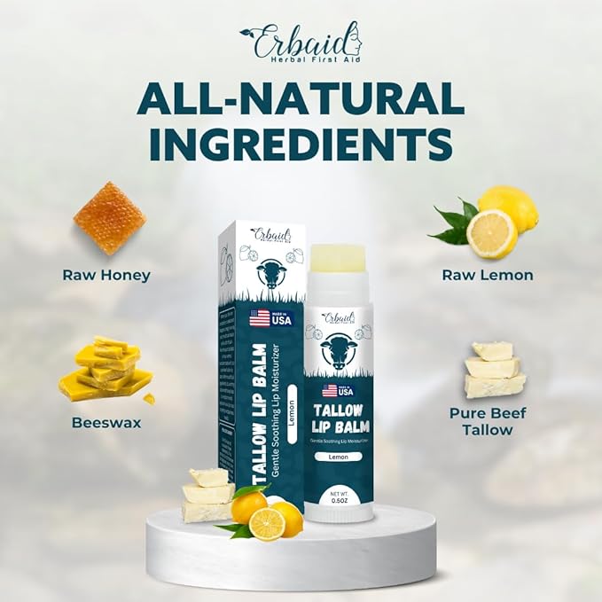 Beef Tallow Lip Balm – Natural Tallow Beeswax Chapstick – Hydrating Moisturizer Grass Fed Bison Tallow Balm Lip Care – Soothes Chapped, Dry Lips, Sensitive Skin – Long Lasting & Vitamin Rich USA-Made